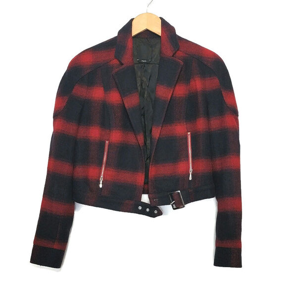 Bebe Plaid Buffalo Check Print Moto Jacket Red Navy Blue Short Crop Size 6 - Picture 7 of 16